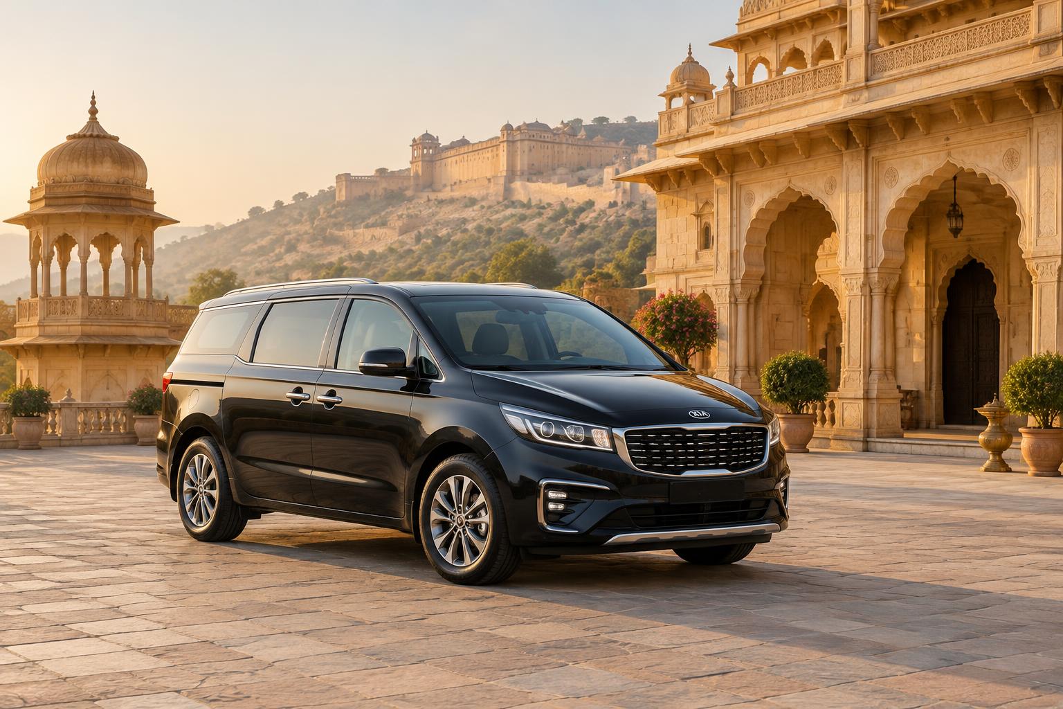 Black Kia Carnival luxury MPV in a Jaipur palace courtyard