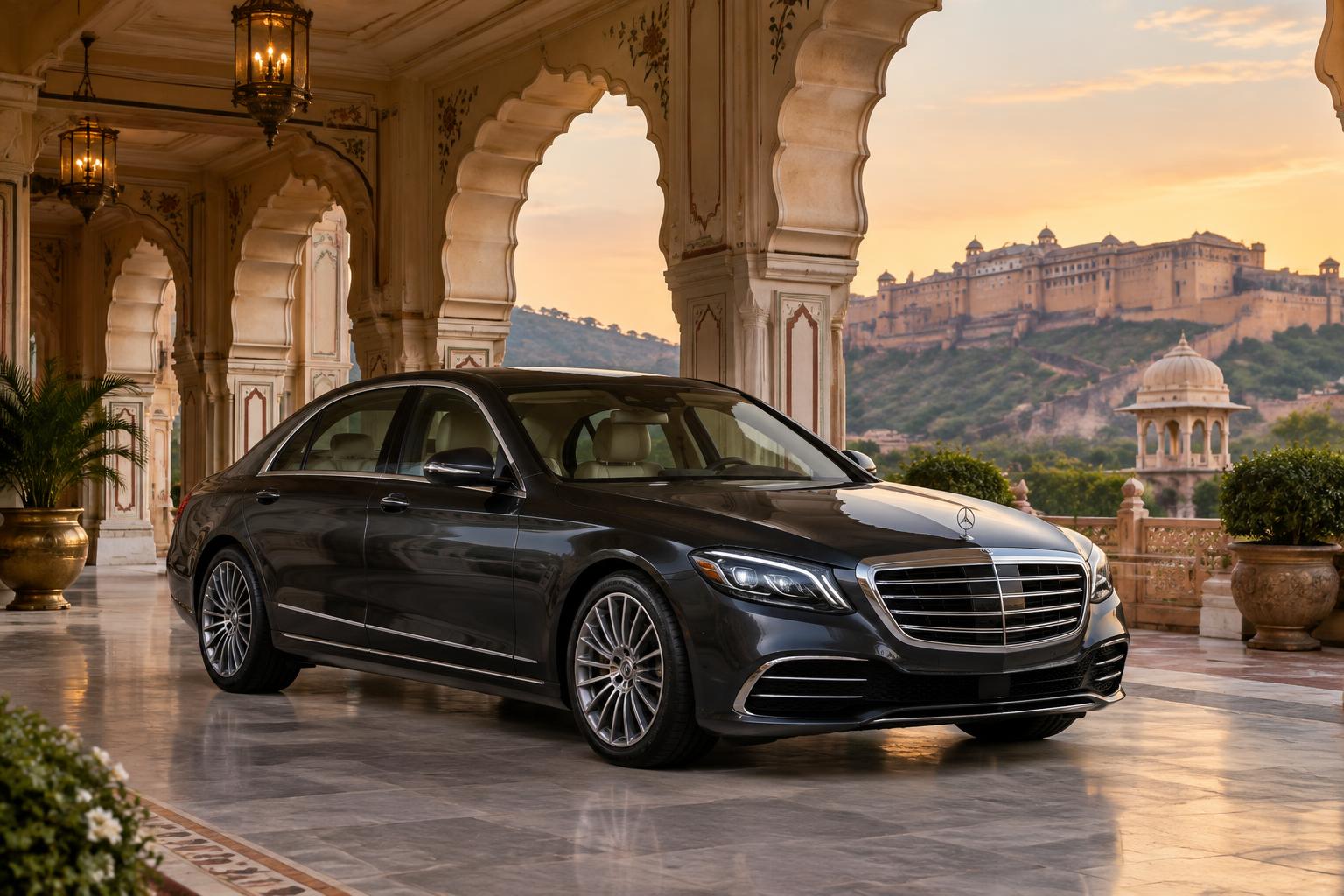 Charcoal Mercedes-Benz S-Class beneath a royal Jaipur portico